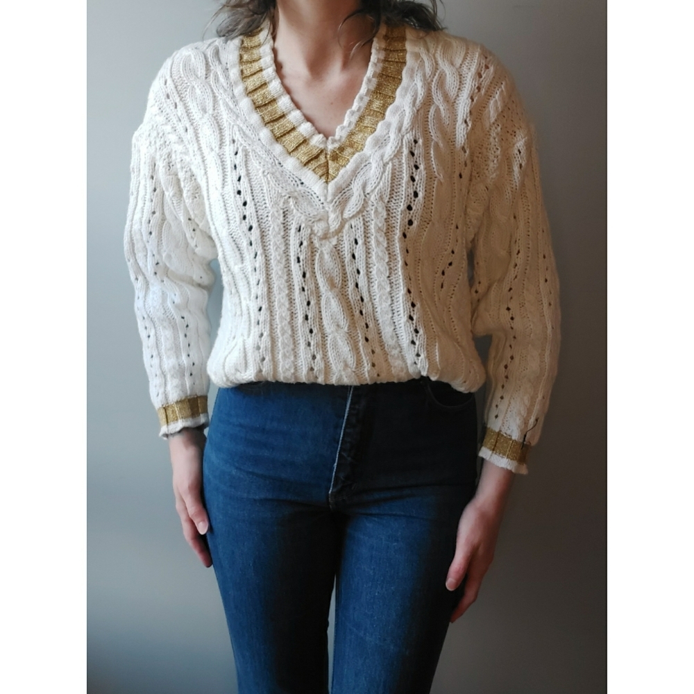 Vintage Preppy Nautical Cable Knit V  Sweater Medium